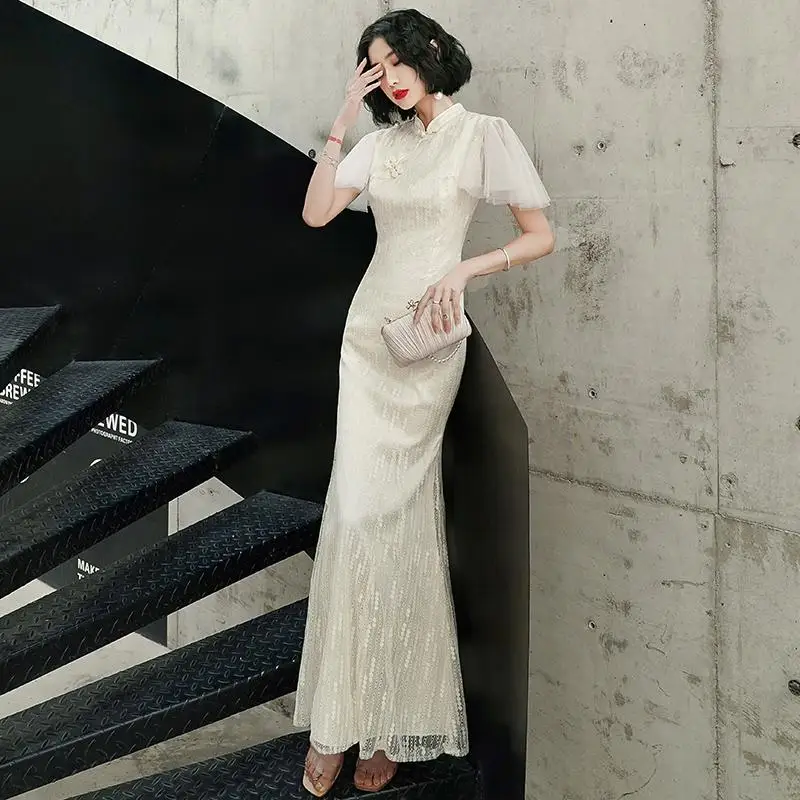 Темно-синие Элегантные платья Cheongsam, новинка, женские вечерние платья с коротким рукавом, сексуальные платья в китайском стиле, воротник-стойка, Qipao Vestidos - Цвет: Style G