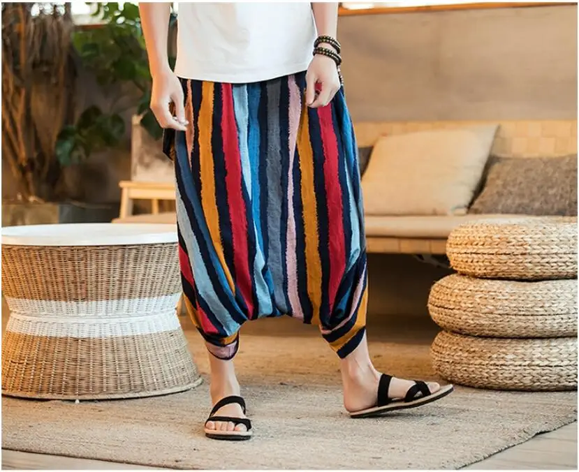 Men Summer Wide Leg Pants Bloomers Joggers Casual Loose Harem Pants Big Cross-Pants Hip hop Men Indian Nepal Baggy Pants S