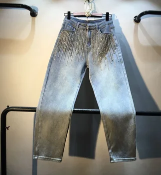

Women Loose Jeans Pants Industrial Diamond Beads High-waisted Elasticity Straight-Cut Jeans Women's Cool Cowboy Pants Girls Jean