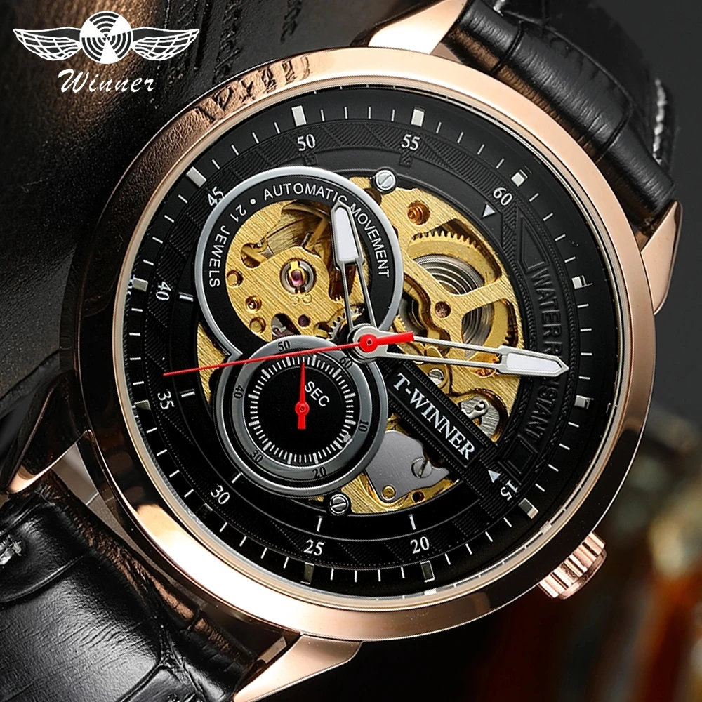 

Winner 2019 Relogio Masculino Watch Mens Automatic Fashion Sport Golden Case Black Leather Band Mechanical Business Reloj Hombre