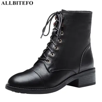 

ALLBITEFO genuine leather brand high heels ankle boots for women thick heels women high heel shoes autumn boots winter boots