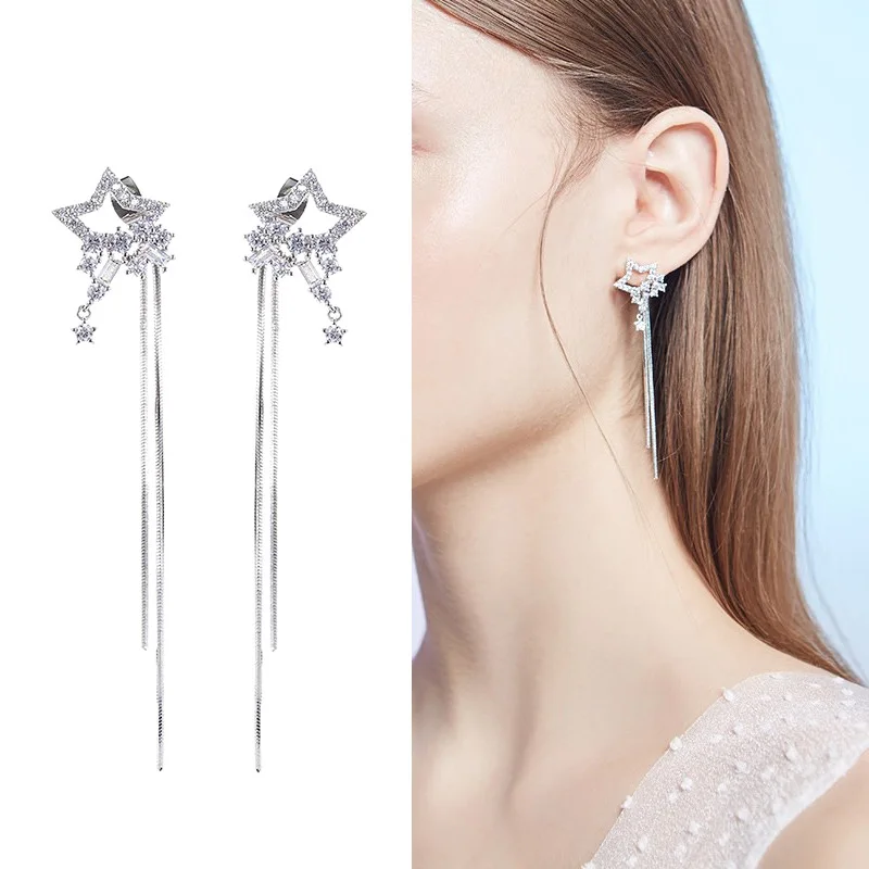 

Classic Korean Flash Star Earring For Women Micro Inlaid Zircon Pentagram Silver Long Geometric Drop Earrings Party Jewelry Gift