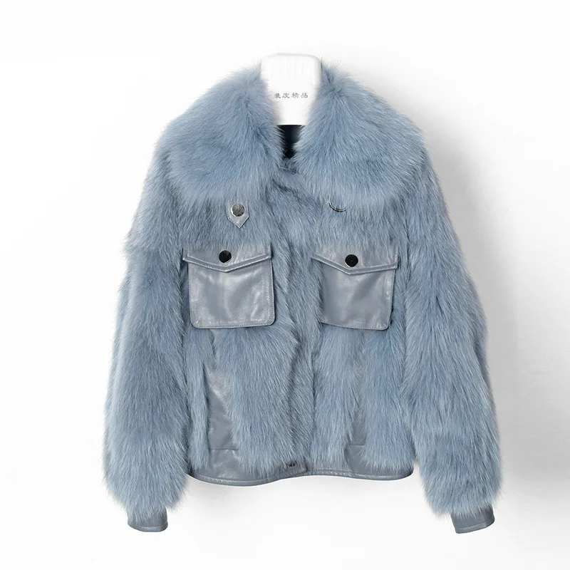light blue OFTBUY Повседневная зимняя куртка женская Роскошный натуральный мех пальто толстая теплая натуральный Лисий Мех Свободная верхняя одежда уличная мода Новинка - Цвет: light blue