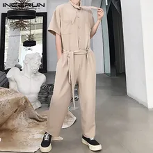 INCERUN, модные мужские комбинезоны-карго, Свободные Комбинезоны с коротким рукавом, одноцветные уличные штаны, мужские повседневные комбинезоны размера плюс 7