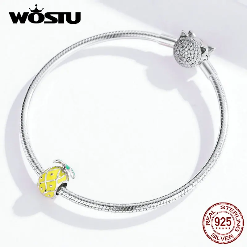 WOSTU Горячая Мода 925 пробы Серебряный тропический ананас шарик желтый талисманы подходят браслет Подвеска серебряные ювелирные изделия CTC128