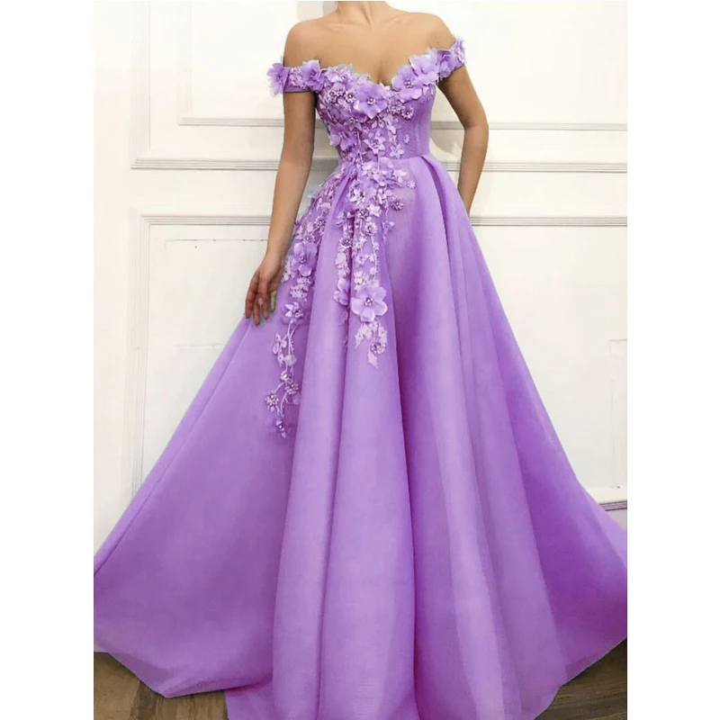 Элегантные вечерние платья трапециевидной формы с открытыми плечами ручной работы Цветы Аппликации Дубай Саудовская Арабский длинное вечернее платье для выпускного вечера - Цвет: Фиолетовый