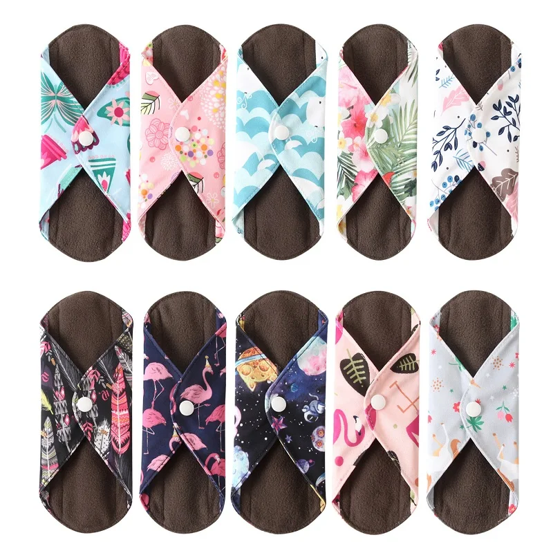 Reusable Waterproof Bamboo Charcoal Menstrual Pads Sets Panty Liner Regular Flow Heavy Flow 5pcs with FREE Wet Bag