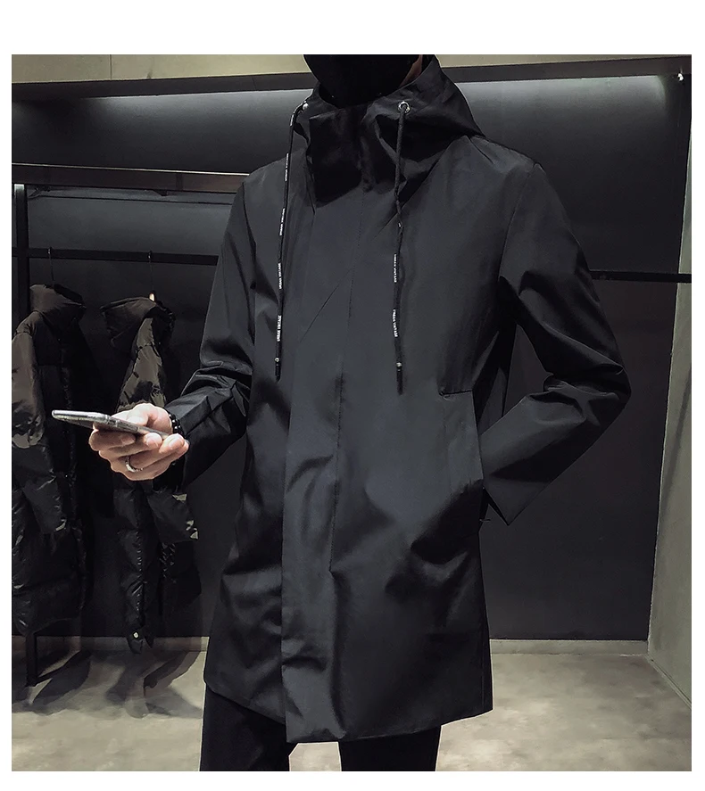 New Men’s Black Trench Coat Hooded Windbreaker Coats M4XL Casual Male