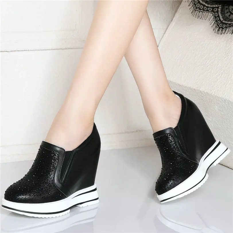 Trainers Shoes Women Genuine Leather Wedges Platform Ankle Boots Round Toe High Heel Rhinestones Pumps Punk Goth Creepers Shoes
