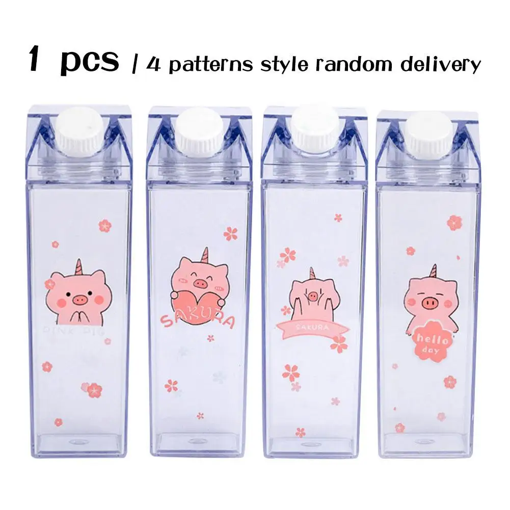 

1Pcs Portable Milk Box Water Bottles Cute Cartoon Pig Sakura Outdoor Travel Camping BPA Free Drinkware Random Color