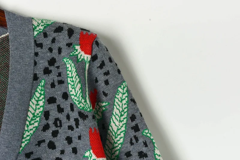 Роскошный брендовый дизайнерский вязаный свитер для женщин винтажный v-образный вырез серый пэчворк жаккардовый вязаный кардиган