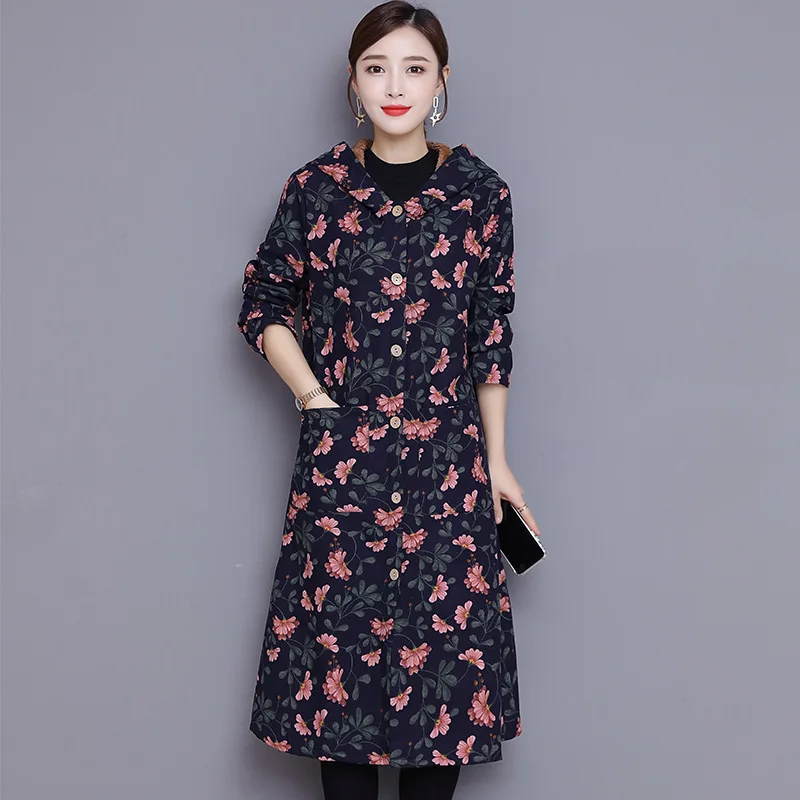 

2019 Autumn And Winter Ethnic-Style WOMEN'S Dress Large Size Hooded Cotton Linen Printed Brushed And Thick Trench Coat WOMEN'S C