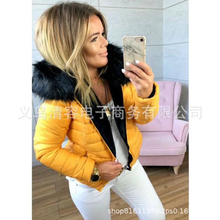 AliExpress, зима, стиль,, женская, художественная, однотонная, приталенная, с капюшоном, с меховым воротником, с хлопковой подкладкой
