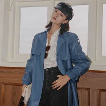 

TVVOVVIN Women Blue Bandage Big Size Leather Trench New Lapel Long Sleeve Loose Fit Windbreaker Fashion Autumn Winter 2019 B472