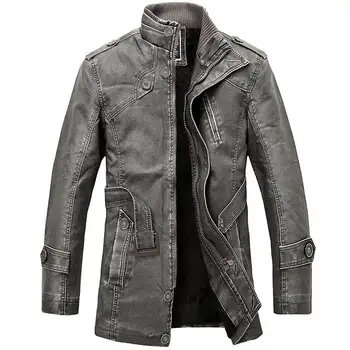 

PU Leather Jacket Men Long Wool Leather Standing Collar Jackets Coat Outwear Trench Parka Mens Leather Jackets And Coats