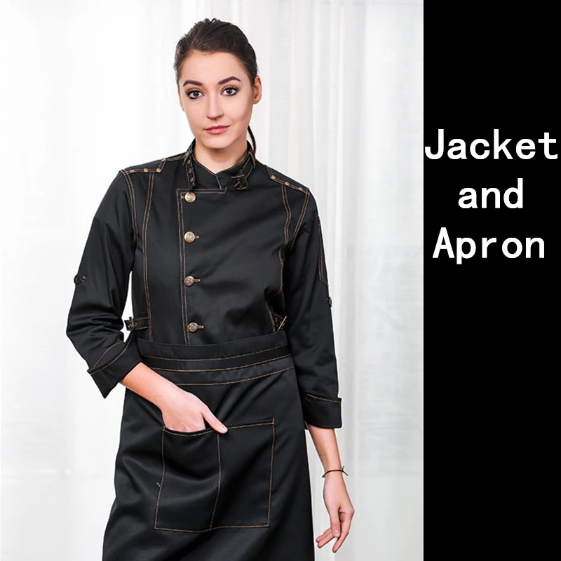 Hight Quality Man Denim Cotton Chef Uniform Kitchen Restaurant Bakery Work Clothes Jacket with Apron Food Service Cook Coat - Цвет: Woman Color1 Long