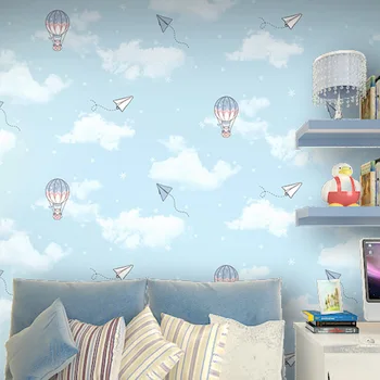 

Mediterranean Children's Room Non-woven Wallpaper Boys and Girls Bedroom Wallpaper Sky Blue Cartoon Bear Parachute Wallpaper