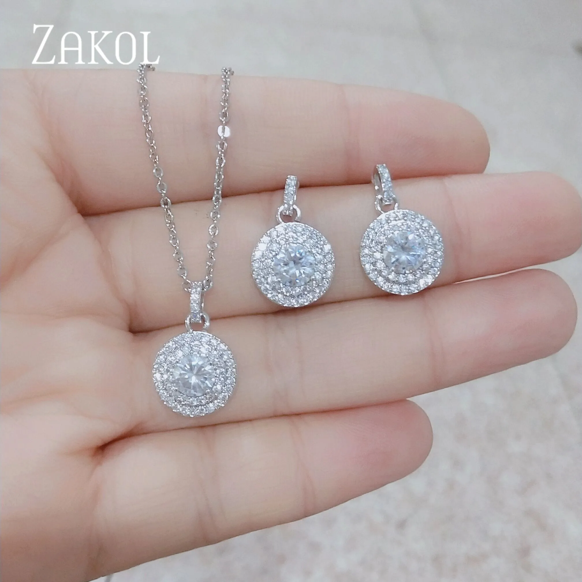 ZAKOL High Quality Cubic Zirconia Round Stud Earrings Pendant Necklace Set Bridal Jewelry for Women Anniversary Gift FSSP3030