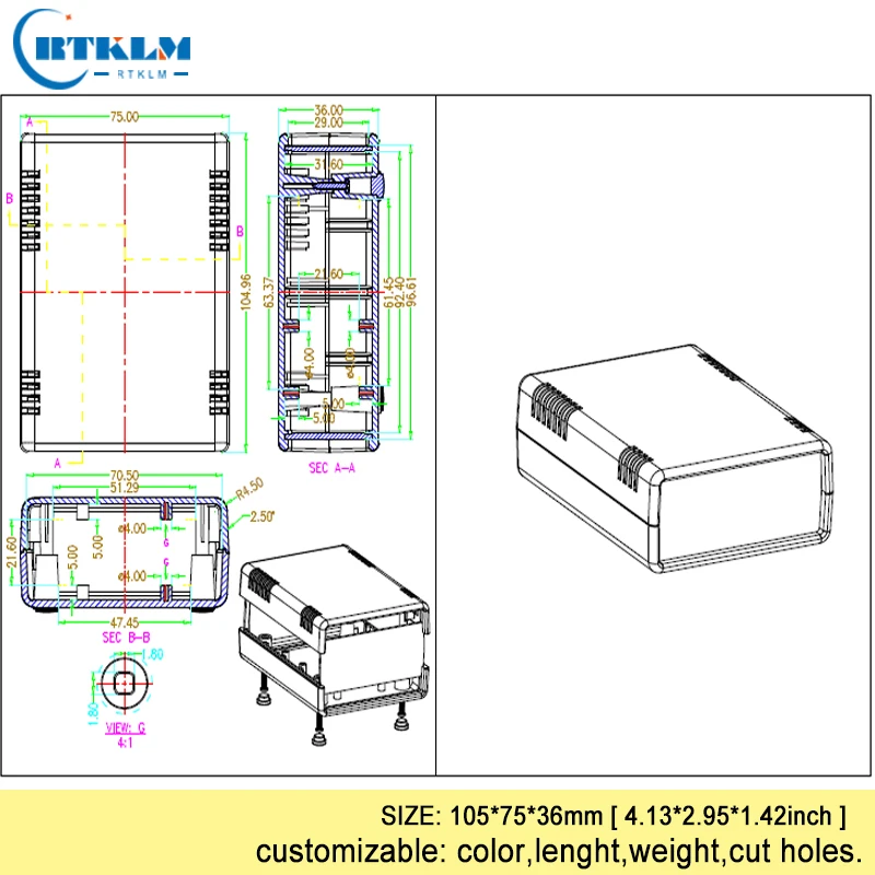 Custom enclosure abs plastic enclosure diy box desktop plastic enclosure for electronics distribution junction box 105*75*36mm