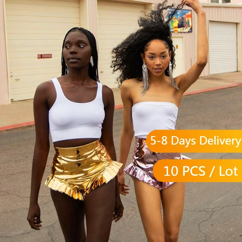

Bulk Item Wholesale Lots Summer PU Leather Shorts Women Clothing Solid Color Ruffles Sexy Shorts V-shaped Women Shorts Bottoms