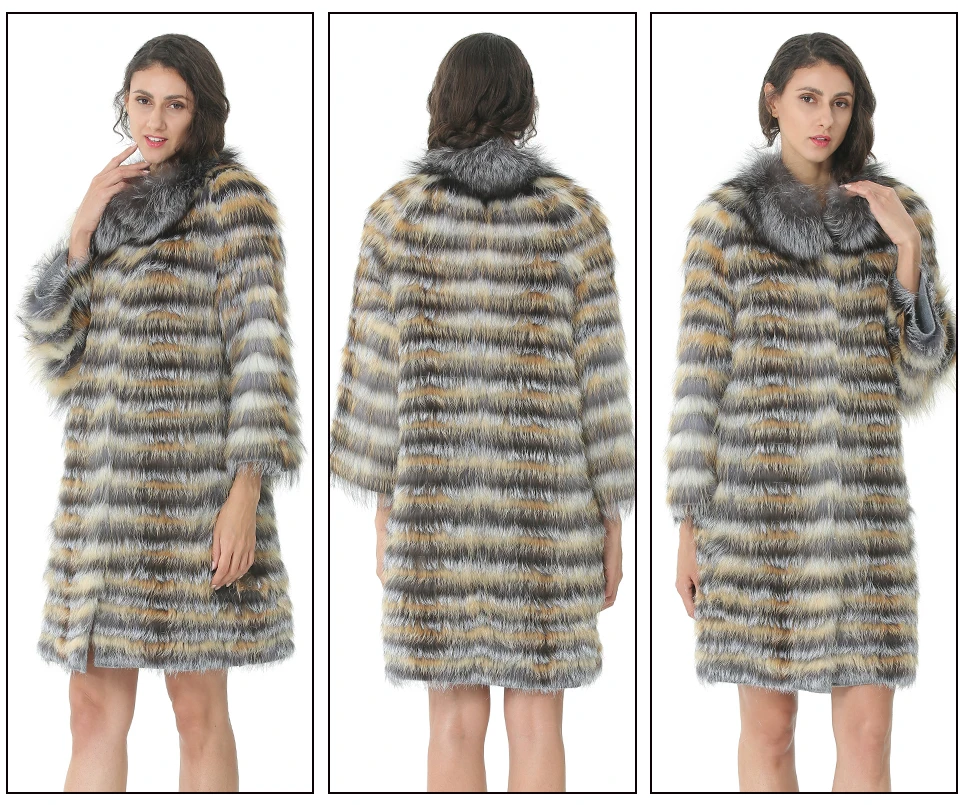 Вязаное меховое пальто для женщин, длинное Полосатое пальто с воротником для дам, пальто из натурального меха лисы, женская одежда, Осеннее теплое роскошное пальто