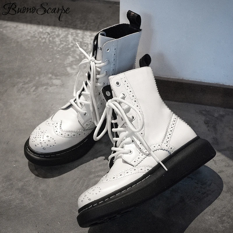 Buono Scarpe/Женская обувь из натуральной кожи; ботинки на толстой подошве со шнуровкой; Botas Mujer; Цвет черный, белый; повседневные короткие ботинки; модная обувь