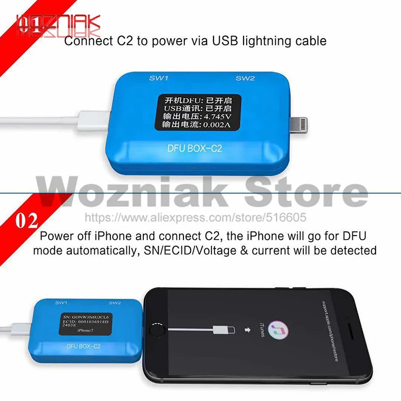 JC DFU BOX C2 Restoring Rebooting IOS Restore Reboot Instantly SN ECID MODEL Information Reading USB Current voltage Display