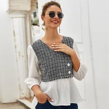 New Arrival Plaid Shirt Women Office Lady V Neck Three Quarter Sleeve Summer Womens Blouses And Tops White Black Blusas Dama New Arrival Plaid Shirt Women Office Lady V Neck Three Quarter Sleeve Summer Womens Blouses And Tops White Black Blusas Dama