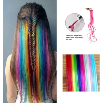 

Long Rainbow Hair Piece Hair Extensions Clip InOne Piece Color Strips Straight Synthetic Highlight Hair For Part Girls