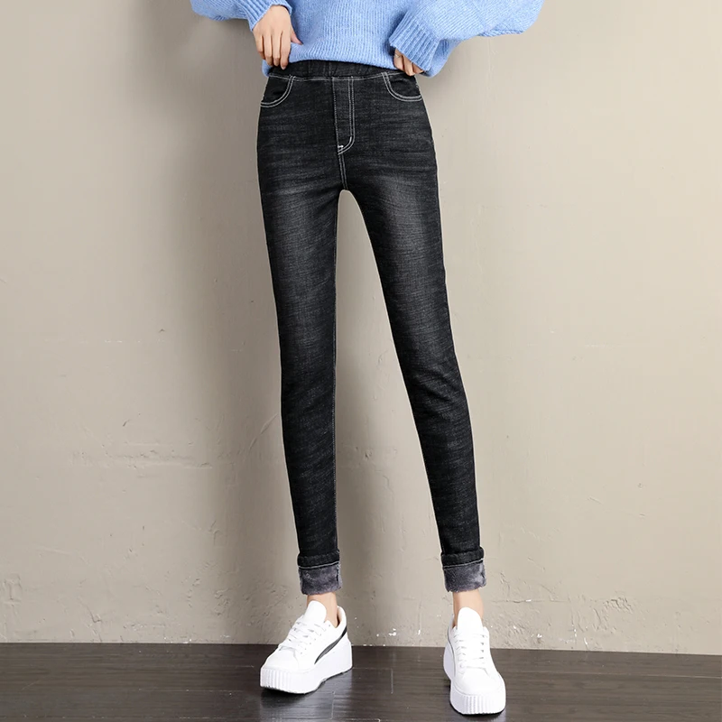 Женские джинсы с эластичной талией, вельветовые, размера плюс, высокая талия, джинсы для мам, черные, обтягивающие, джинсовые, узкие брюки, стрейч, флис, теплые, зима - Цвет: Черный