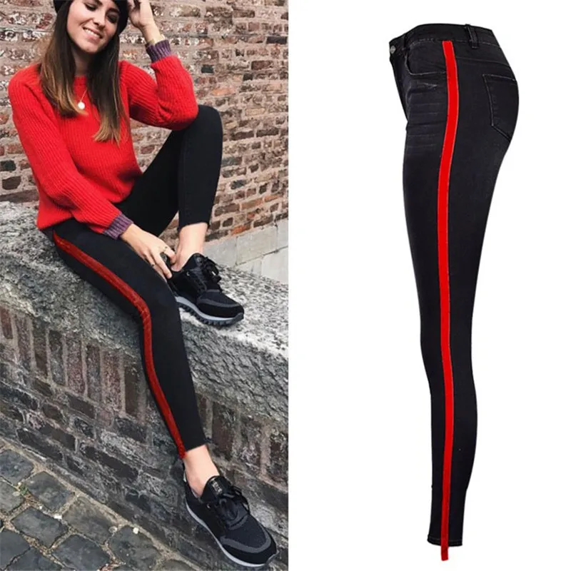 women's high waist elastic double-sided stitching large red patch denim cropped pants large size casual gray black pencil jeans
