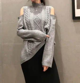 

winter lazy women sweaters hollow out shoulder high collar lady knitted pullovers woman hollow out sweater