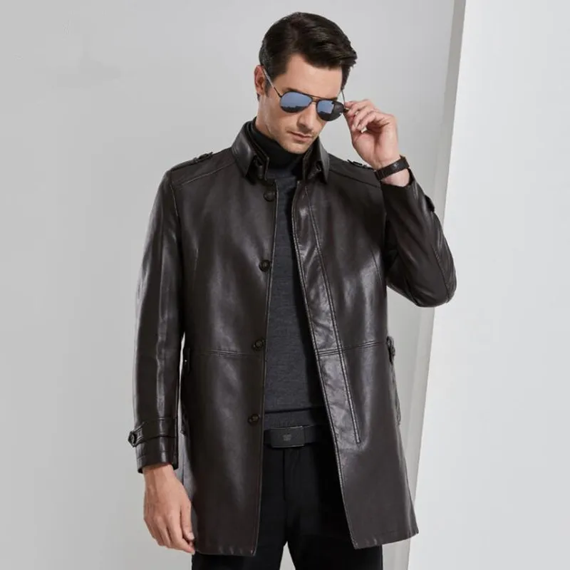 

British Style Leather New Jacket Men Mid Long Windbreaker Leather Jackets Male Coats M-4XL