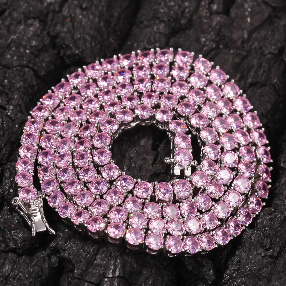 UWIN 4mm Pink Iced Ankh Cross Pendant Cubic Zirconia Tennis Chains Gold Silver Color Necklace Colored Fashion Hiphop Jewelry