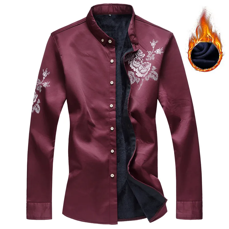 Autumn winter Thick Fleece Warm Men Smooth silk rose print Long Sleeve Shirts Fashion Brand Wedding party Dress Shirt Size 7XL | Мужская