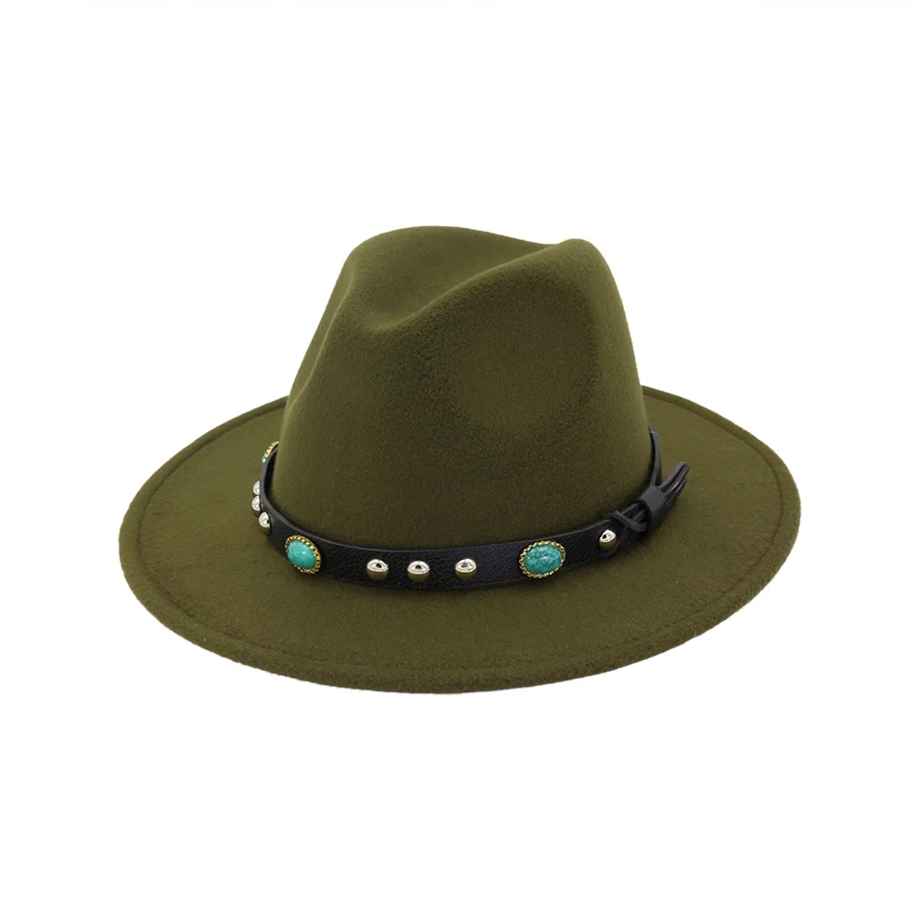 Новая шерстяная фетровая шляпа для мужчин и женщин с агатовым кожаным ремнем элегантная дамская шляпа с широкими полями для зимы и осени - Цвет: Green