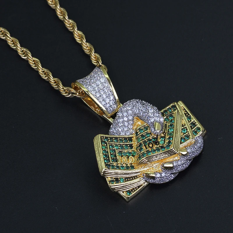 Men's Hip Hop Micro Paved Green AAA Cubic Zirconia Bling Ice Out Rich Holding Dollars Money Pendants Necklace - Rapper Jewelry image 3