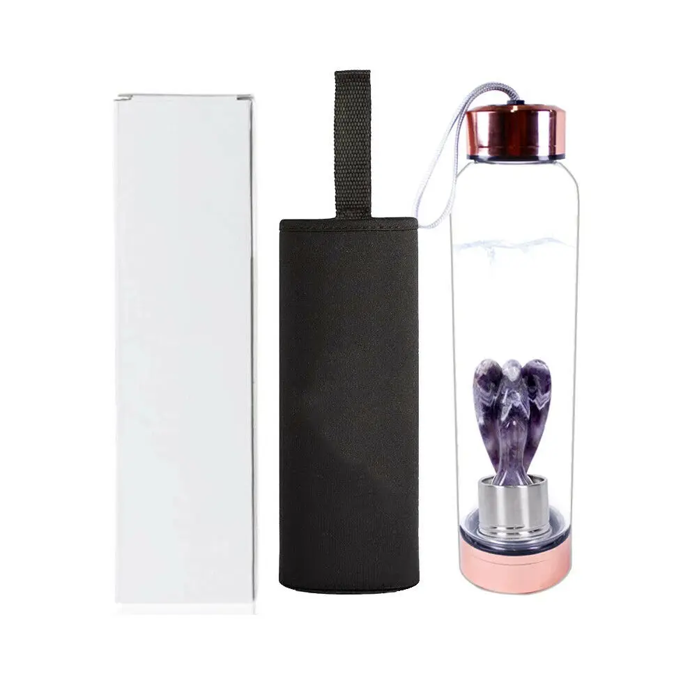 Botella de agua de cristal con 3 cristales curativos intercambiables –  Amatista, cuarzo rosa, fluorita verde – Botella de té de hojas sueltas –