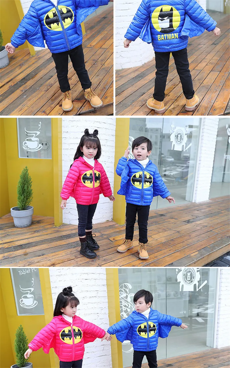 Одежда для маленьких мальчиков и девочек; куртка; теплый пуховик с героями мультфильмов; куртка для детей; Детский пуховик на Хэллоуин; карнавальный костюм; детская одежда с Бэтменом