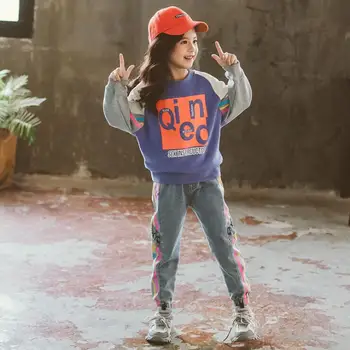 

Age 4-14Y Girls' spring suit 2020 New children's Korean fashion little girls' casual sweatshirt + jeans 2pcs Suits