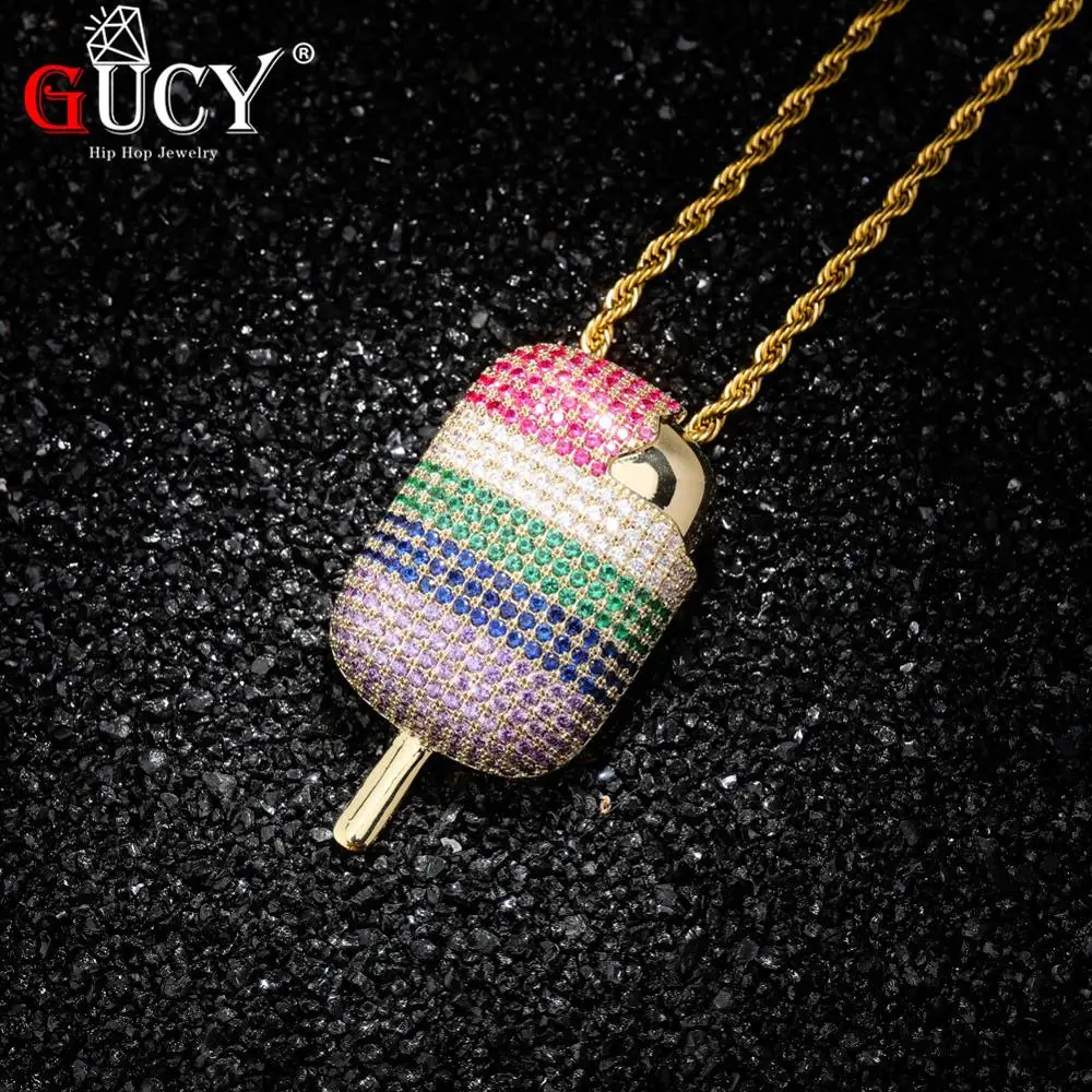 

GUCY Iced Out Ice Cream Pendant Necklace Bling Micro Paved Multicolor Cubic Zircon Chain Hip Hop Rock Jewelry For Men