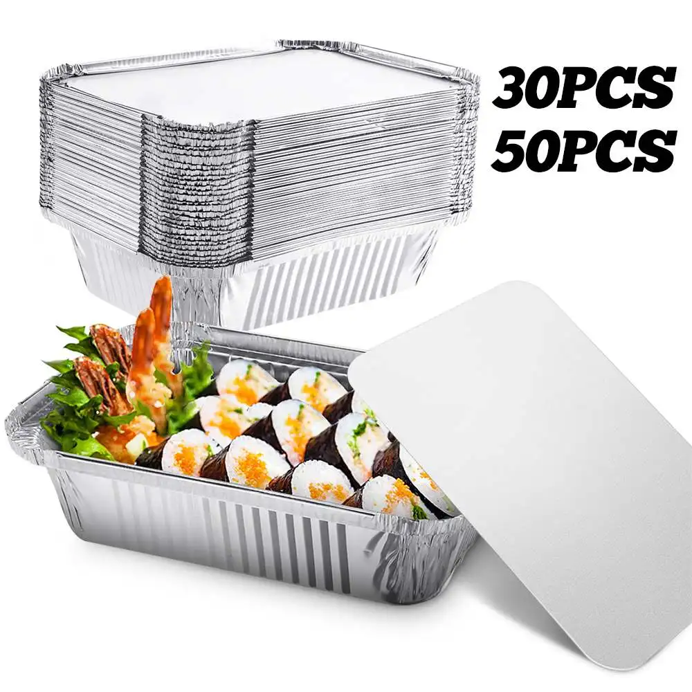 

30/50pcs Disposable BBQ Drip Pan Tray Aluminum Foil Tin Liners for Grease Catch Pans Replacement Liner Trays With Lid Recyclable