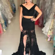 Черный комплект из двух частей сексуальное длинное кружевное платье для выпускного вечера robe de soiree