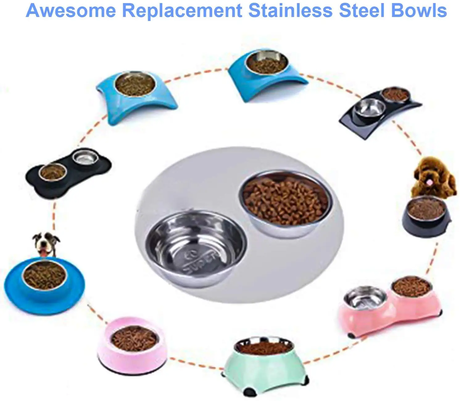 2 Cup Super Design Two Piece Replacement Stainless Steel Bowls for Pet Feeding Station for Dogs and Cats 