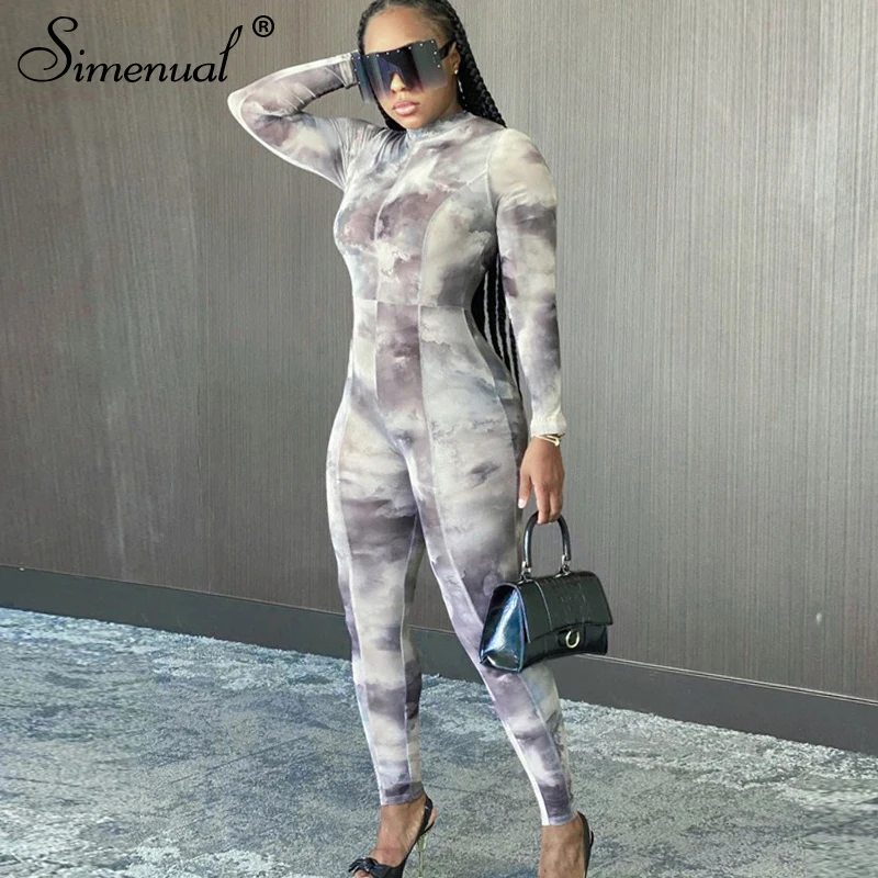 

Simenual Tie Dye Print Patchwork Bodycon Rompers Womens Jumpsuit Long Sleeve Fashion Autumn Winter Casual One Piece Outfits 2020