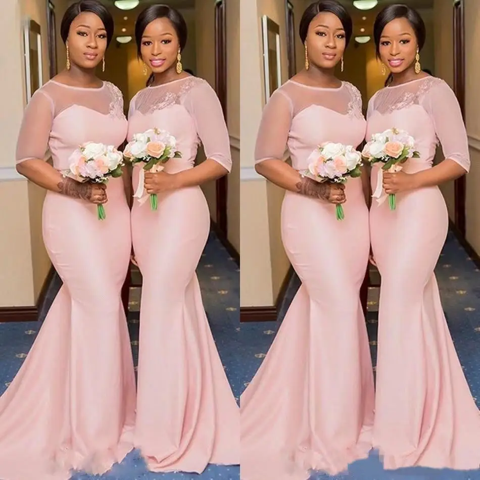 

African Mermaid Half Sleeves Bridesmaid Dresses Long Custom Made Satin Plus Size Wedding Guest Gowns Maid Of Honor Dresses