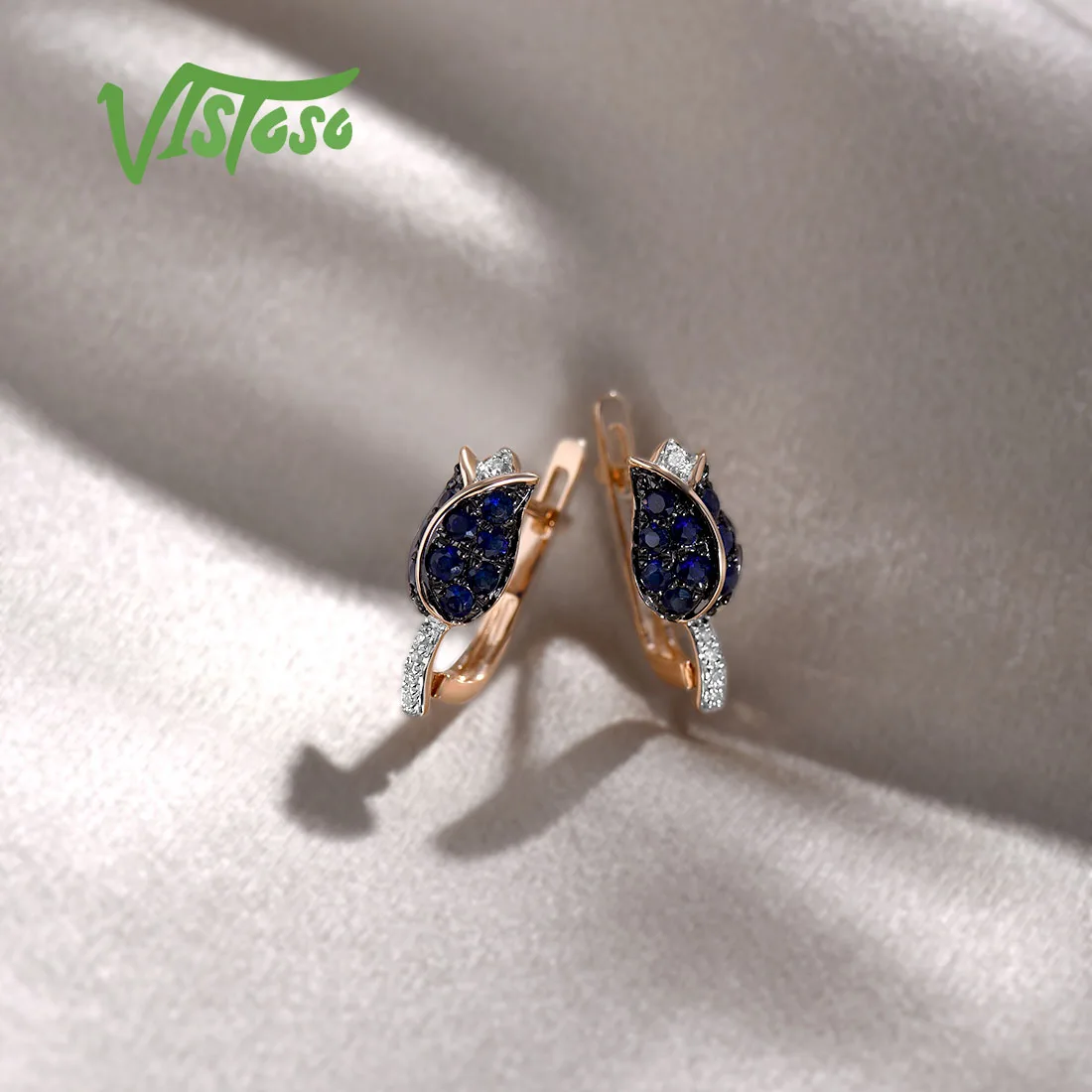 VISTOSO-Boucles d'oreilles en or rose pur 14K 585 pour femme, diamant brillant, saphir bleu, bijoux fins élégants de luxe pour mariage et fiançailles