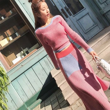 

Korean Style 2019 Autumn Winter Knitted Skirt 2 Piece Set Women Long Sleeve Sweater Pullover And Long Skirts Suits Two Piece