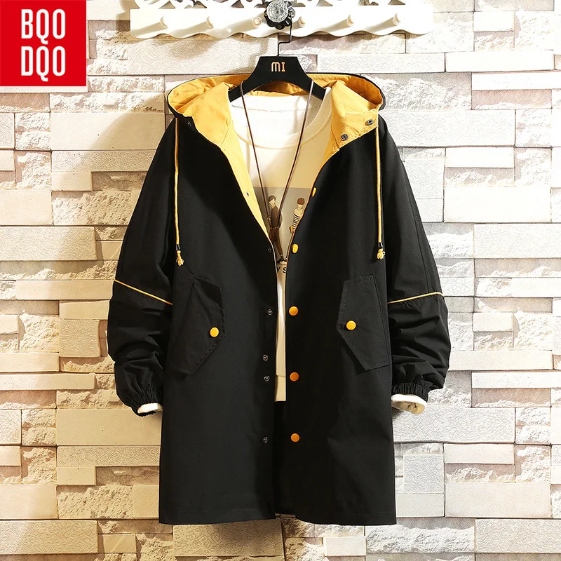

Button Lace Up Autumn Military Long Trench Coat Men Korean Hooded Jackets Overcoat Winter Hip Hop Streetwear Letter Print Jacket