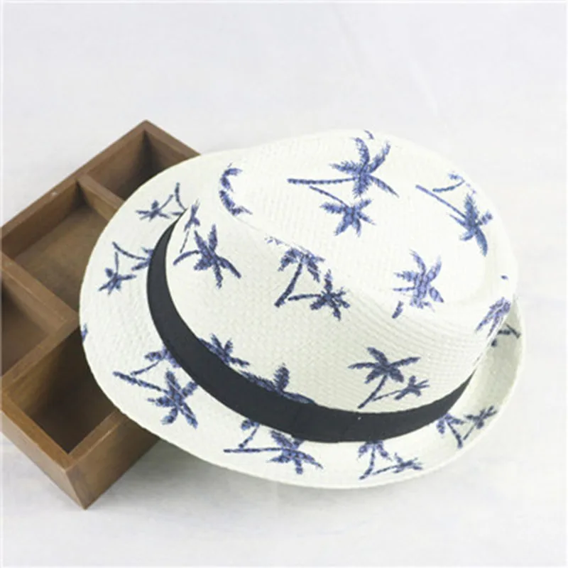 Beach Hat Women Sun Hat Adult / Child Linen Woven Jazz Straw Hat Men Women Coconut Tree Pattern Sun Hat Summer Beach Travel Sunscreen Ribbon U27